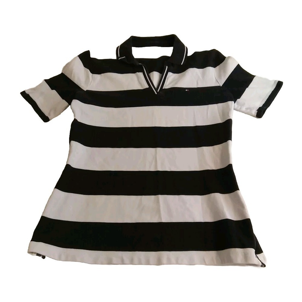 Tommy Hilfiger Women's Medium Rugby Stripe Polo Shirt Black White V-Neck